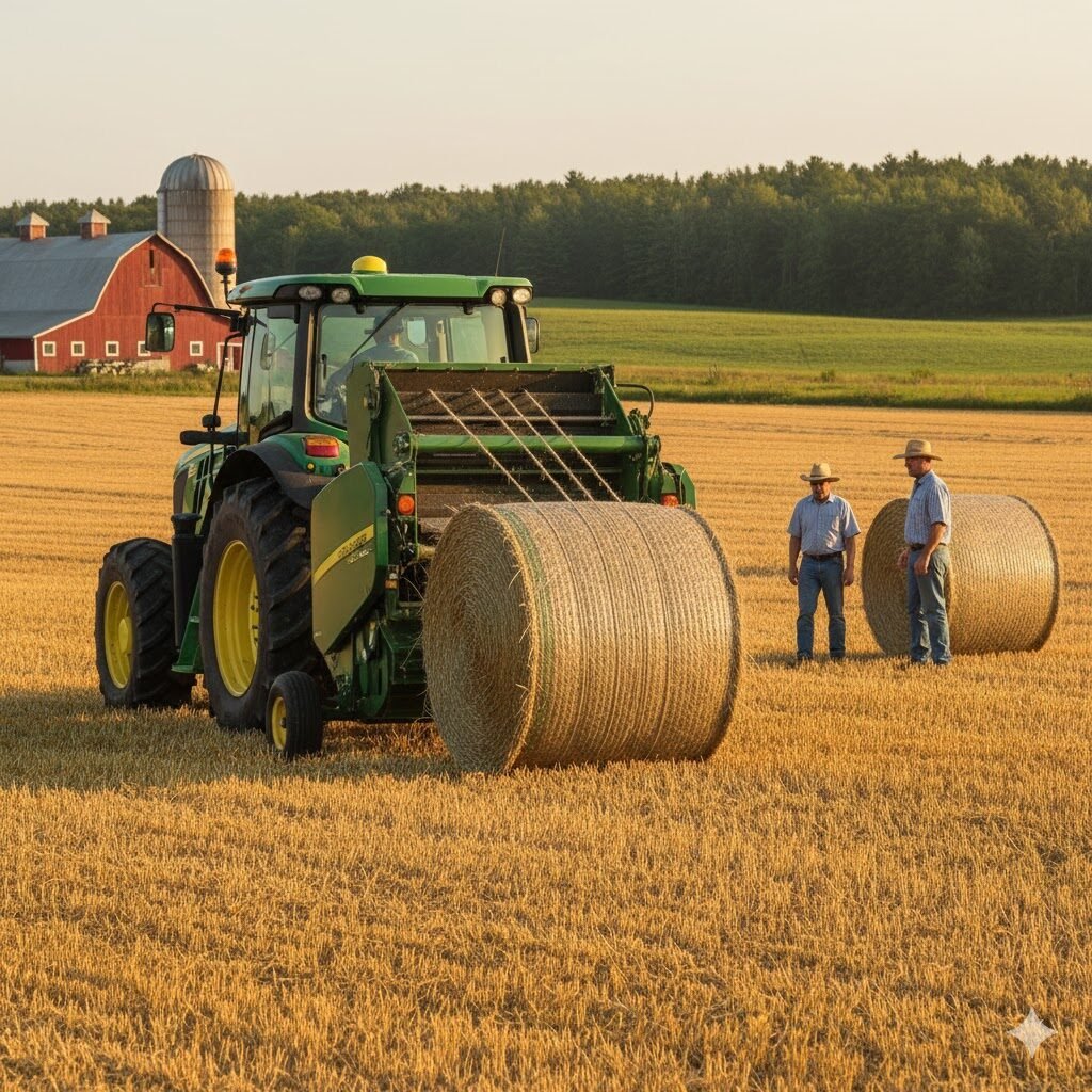 Wrapping bales of hay with twine