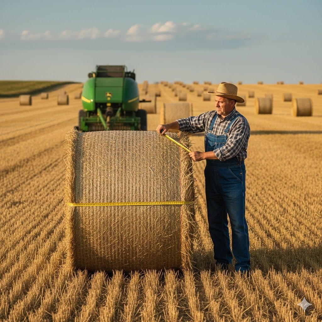 image xesbalenetcom A farmer measuring the correct straw bale measurements